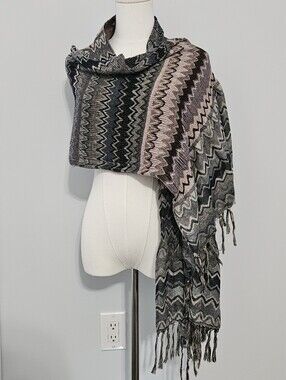 2 Chic Acrylic Fringed Multi-Colored Stretchy Womens Scarf Wrap with Chevron Pat